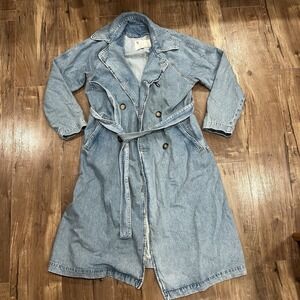 Anthropologie Pilcro Denim Trench Coat Women's Size L Belted Long Jean Jacket